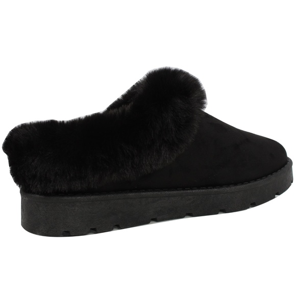 Black Faux Suede Fur Collar Slip On Mules - Picture 4 of 6